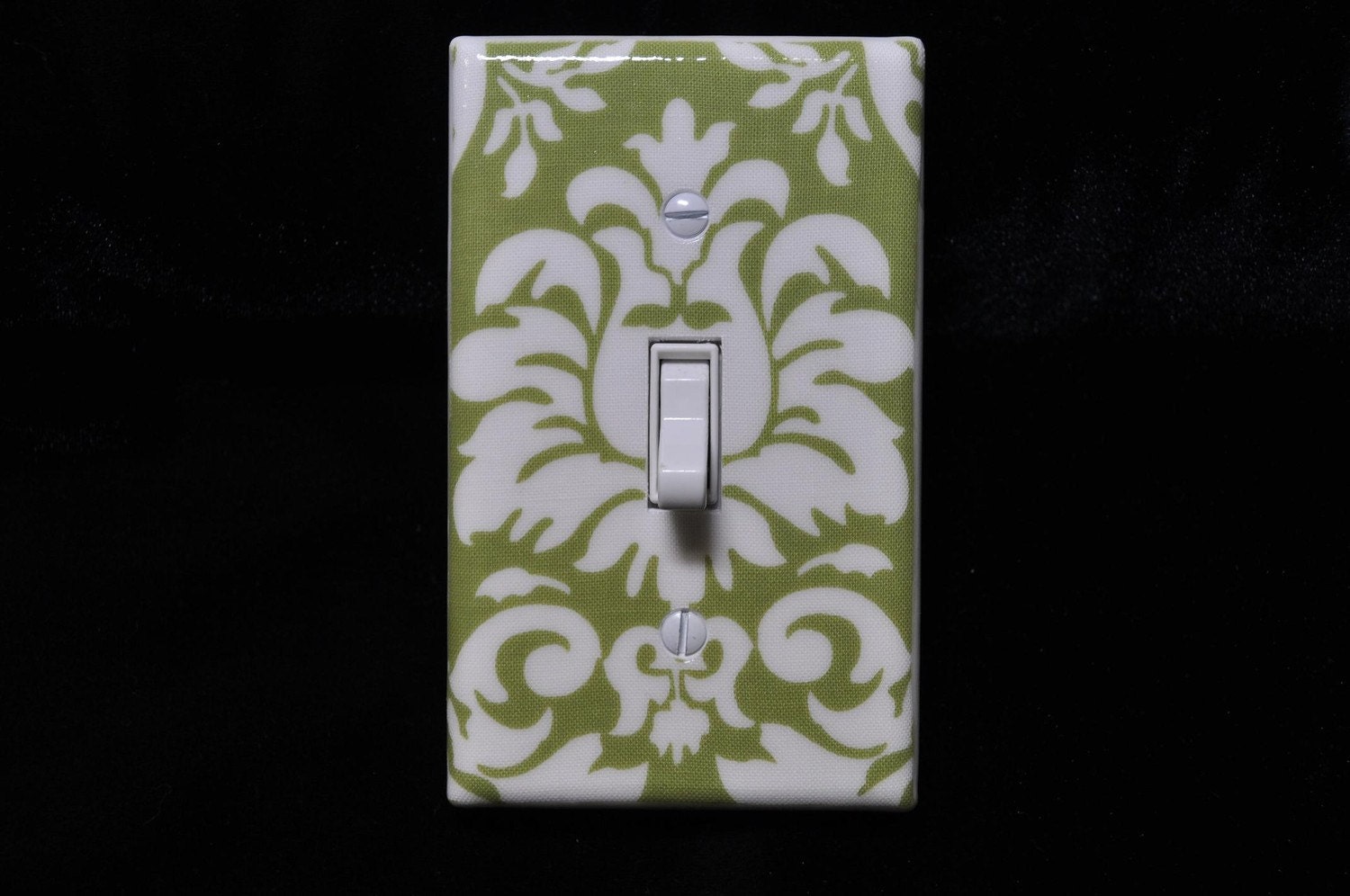 Damask Green and White Light Switchplate Cover Single toggle (STANDARD SIZE) dandy damask