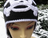 Earflap Hat  with Skull and Cross Bones Black and White Hand Crocheted
