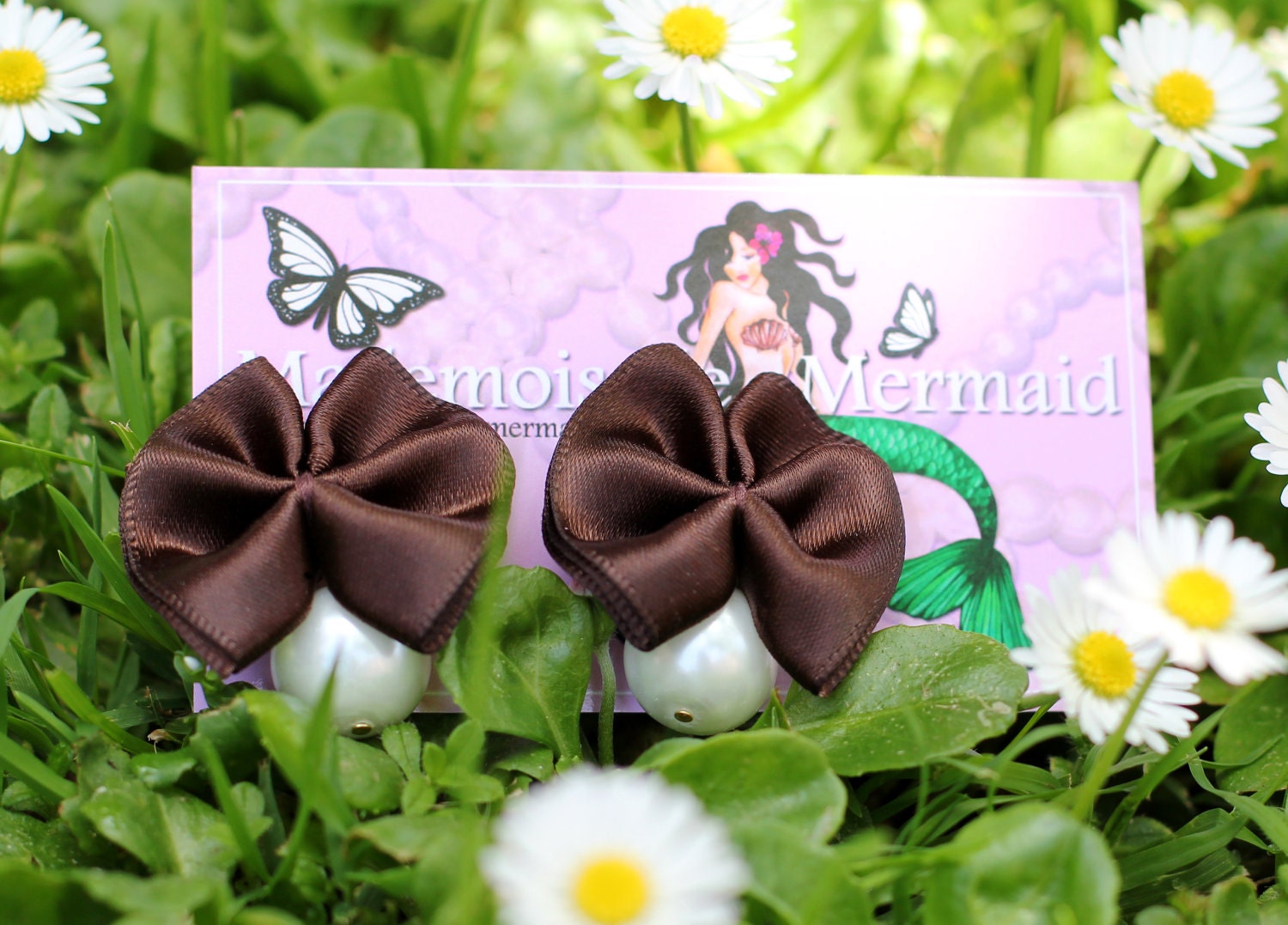 Pearl and Bow Earrings - Kawaii Fashion Accessories - Chocolate