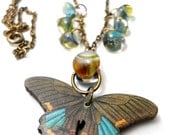Butterfly Lampwork Glass Necklace, Aqua Green Glass Borosilicate beads, brass chain, wooden butterfly