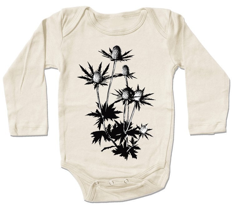 Now on sale, Thistle Flower Infant Bodysuiit, organic natural cream cotton, sea holly design, short sleeve long sleeve onesie, baby size