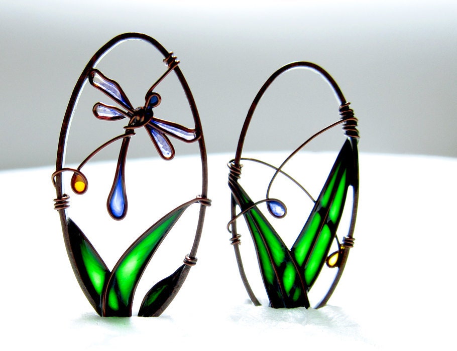Blue Dragonfly Earrings. Oval Earrings. Dragonfly Jewelry. Colorful Earrings. Original Earrings. Copper Jewelry. Colorful Jewelry.