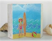 Surfer girl original beach painting on wood blocks- nursery decor, children surf art, surfer girls, beach babes by Cathie Carlson