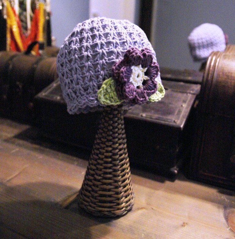 6-12 Months Bilberry crochet baby hat with flower and leaves from very soft Organic Cotton Yarn