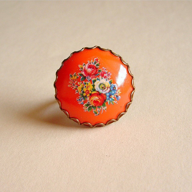 Floral Cameo Ring Vintage Orange Cabochon Chunky Large Retro Ring Tangerine Boho