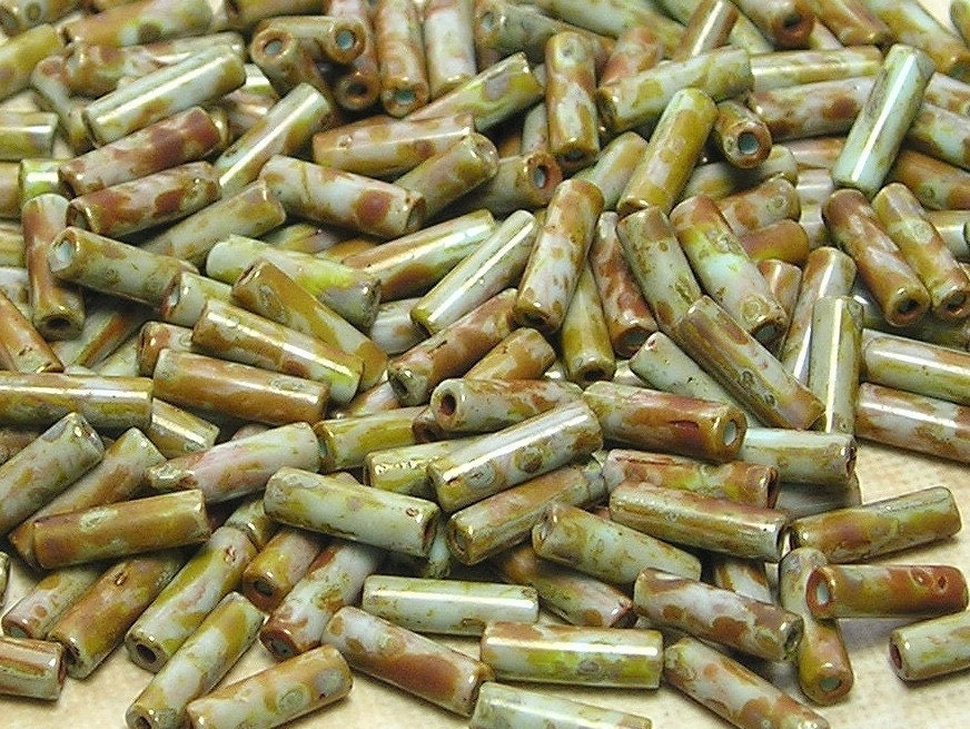 Size 3 Opaque Green Turquoise Picasso Czech Glass Bugle Beads 10 Grams (C465)