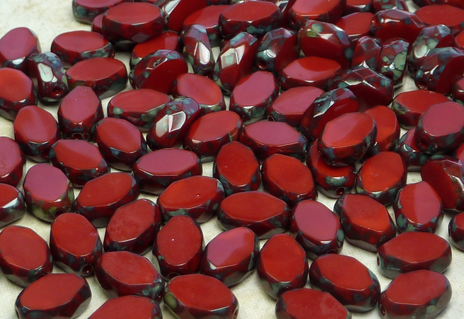 11x8mm Faceted Opaque Red Picasso Table Cut Firepolished Czech Glass Beads (B215)