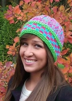 Beanie cap hat custom hand knit ski snowboard sports lime green hot pink light blue - Limeberry slurppy