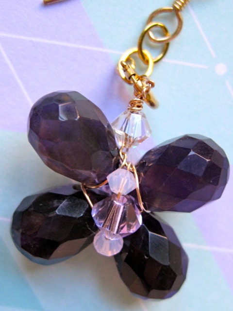 Handmade - Faceted Teardrop Dark Amethyst Butterfly Design Dangle Earrings and Swarovski Crystals in 14K Gold Filled