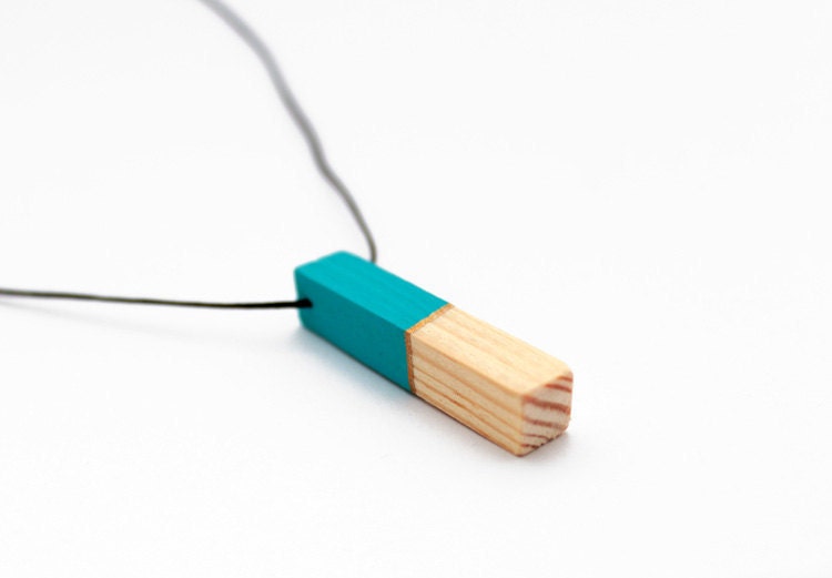 Geometric wooden necklace - turquise, gold, natural wood - minimalist, modern jewelry - color blocking