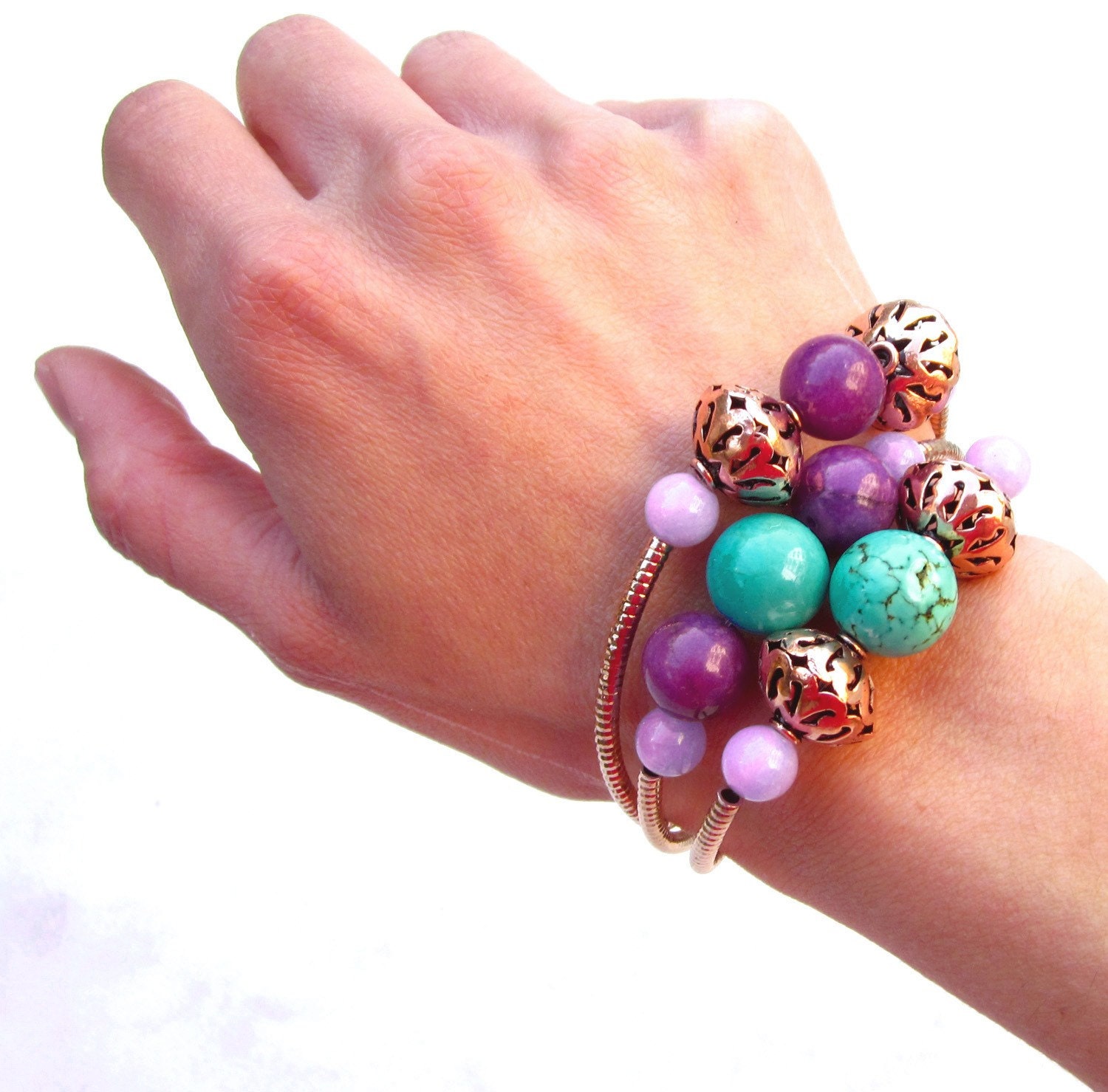 Copper beaded bracelets stones stacking bracelets stretch bangle bracelets Boho chic ethnic bracelets