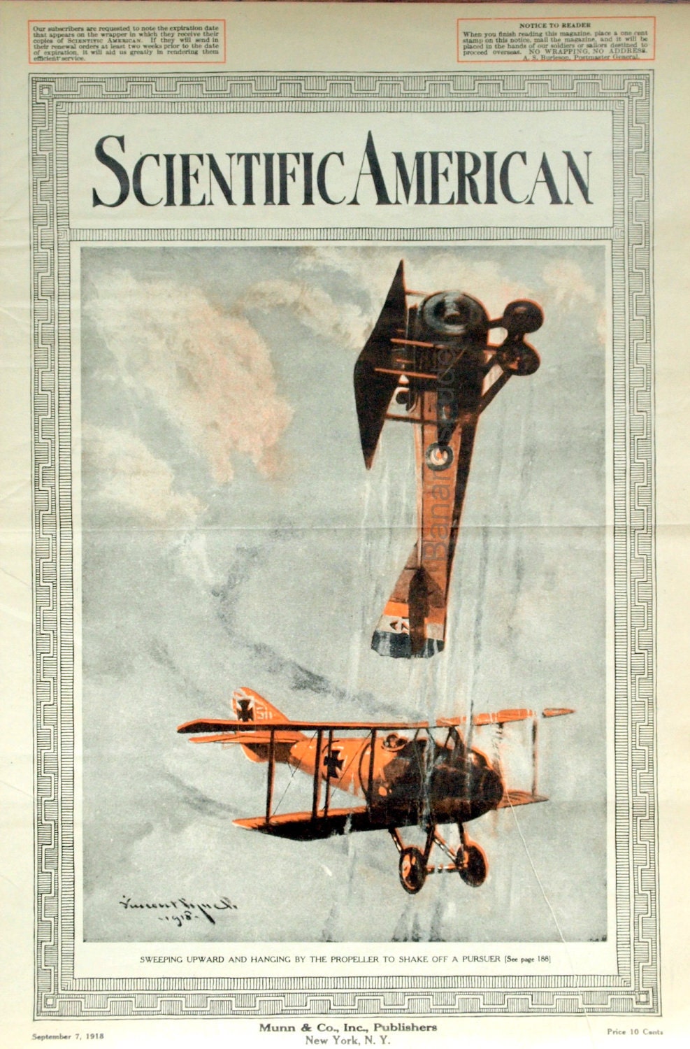 Happy Birthday Commemorative Series. Antique Scientific American Cover dated September 7, 1918. First World War Dogfight