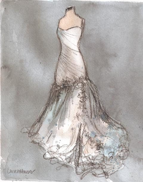 Custom Wedding Dress Painting - Wedding Gift  - Original  Watercolor and Charcoal Painting - Anniversary Gift - Bridal Shower - 11x14