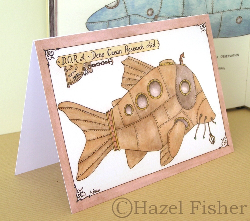 Notecard - Steampunk Fish Submarine DORA, illustration print