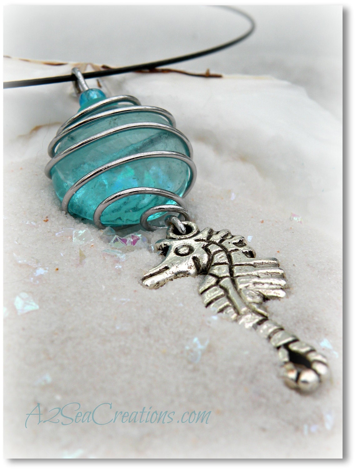 Seahorse and Aqua Glass Stone Beach Choker Pendant