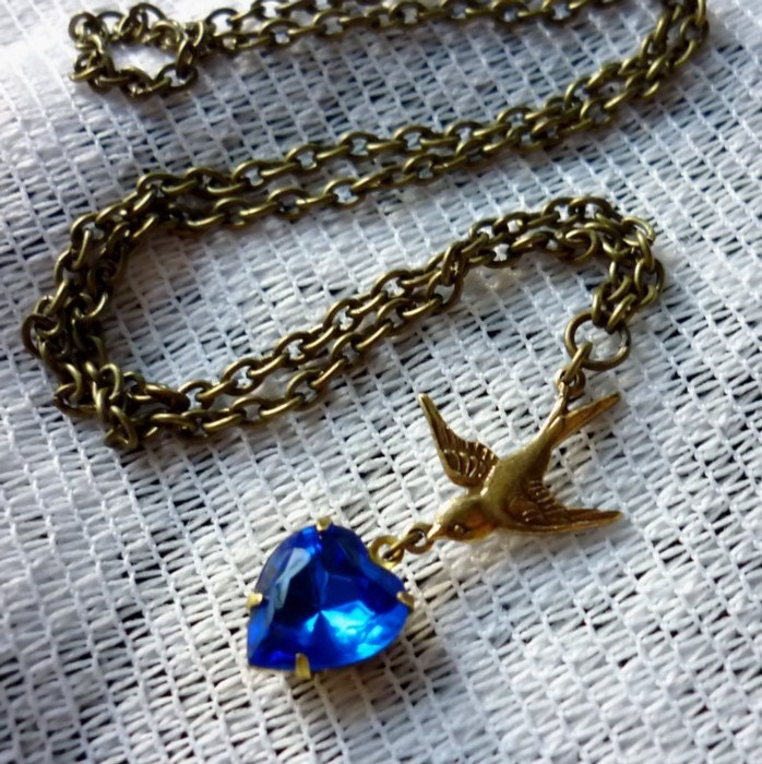 Sapphire Heart In Flight - Vintage Pendant Necklace