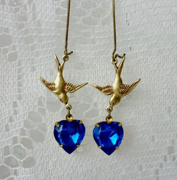 Sapphire Hearts In Flight - Vintage Earrings