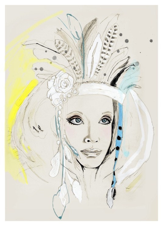 fashion illustration, pale cream girl with feathers, chic art