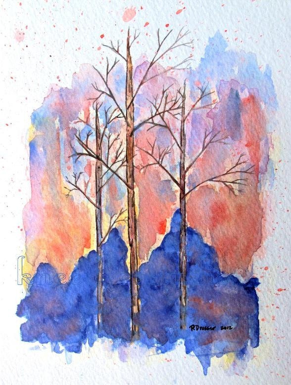 Daybreak Trees watercolor painting original fine art in mat coral pink blue wall decor