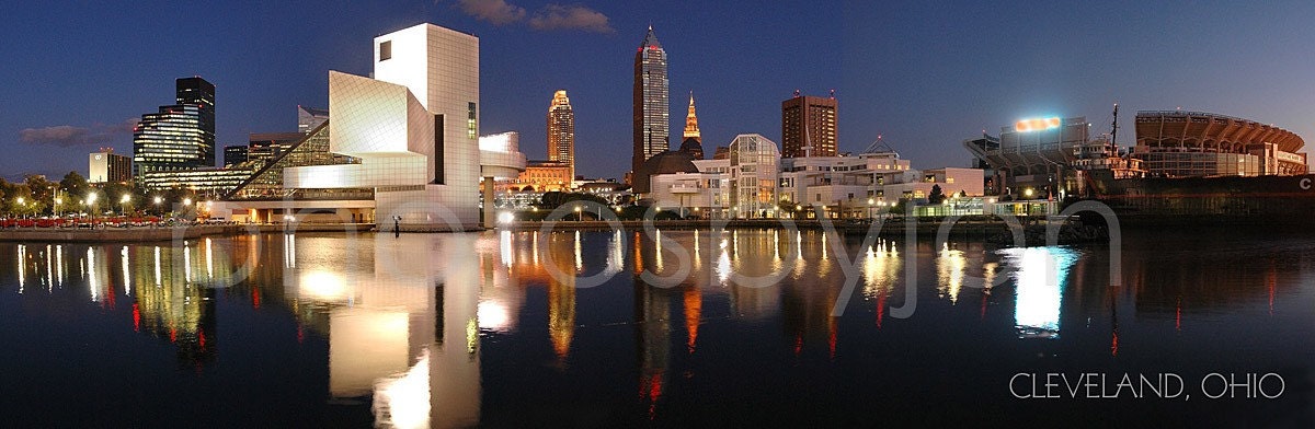 Cleveland Skyline at Dusk- 12 x 36 Panoramic Print - Panorama Photographic Poster