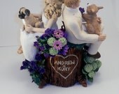 Small Wide Custom Personalized Tree Stump Wedding Cake Topper Keepsake Example - Bride, Groom, Flowers and Puppies - Andrew and Kory