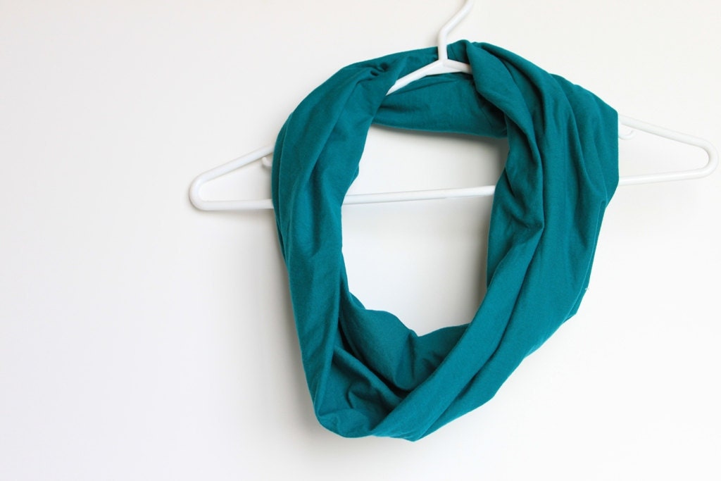 Infinity Scarf. Circle Cowl Scarf. Teal Green Jersey Cotton. For Her. Women Spring Fashion. Scarf Accessory. Bright Teal. Solid Color.