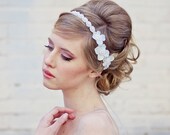 Wedding flower headband, Pearl tie headband for weddings with ivory flowers, bridal hair accessory