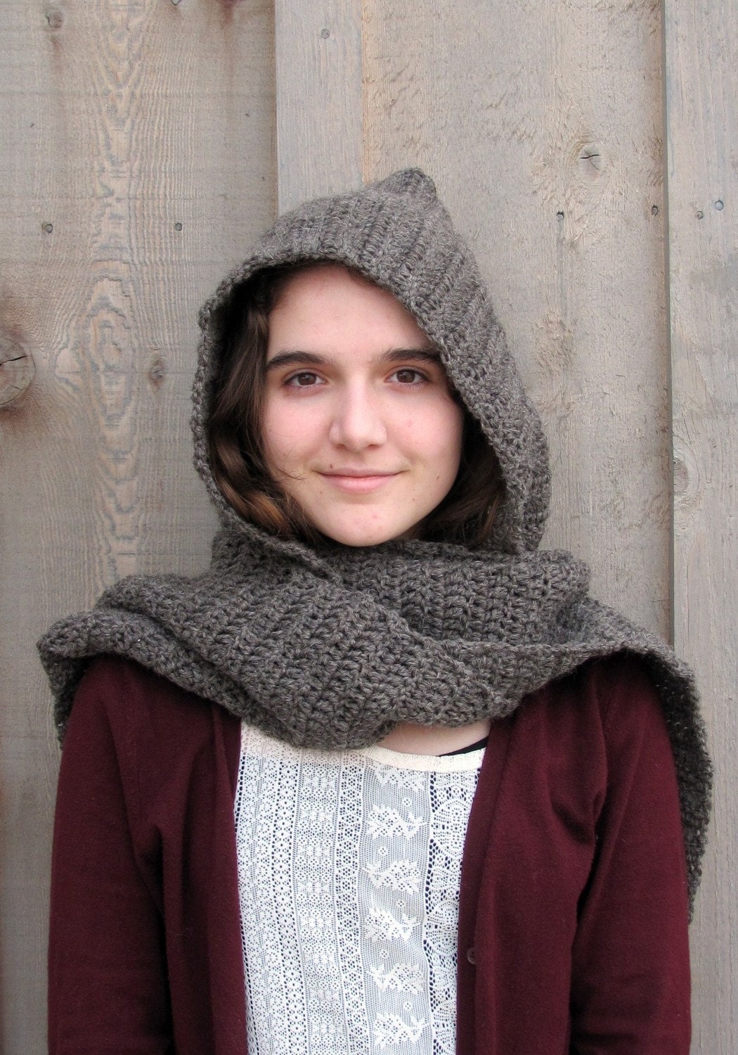 muir wood hooded scarf in brown heather