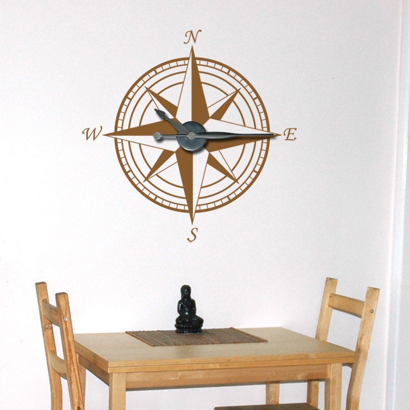 Large Compass Clock Vinyl Wall Art & Clock Kit