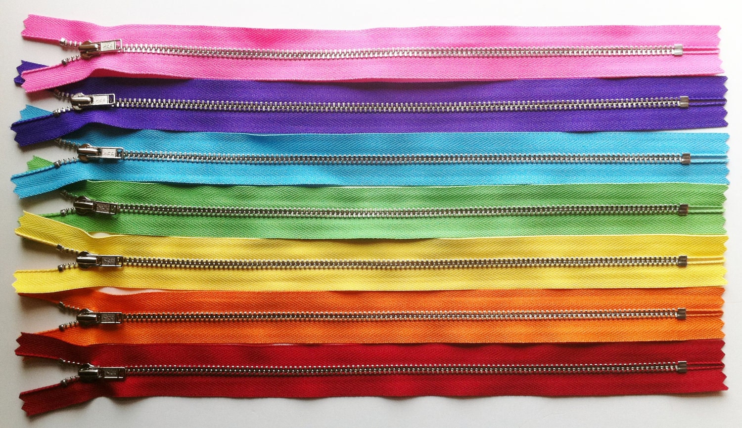 Metal Zippers- 14 inch closed bottom ykk nickel teeth zips- (7) pieces - Rainbow Set