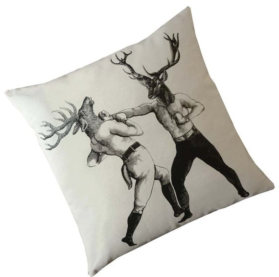 As seen in Elle Decor Magazine Boxing Deer Bucks silk screened cotton canvas throw pillow 18 inch black