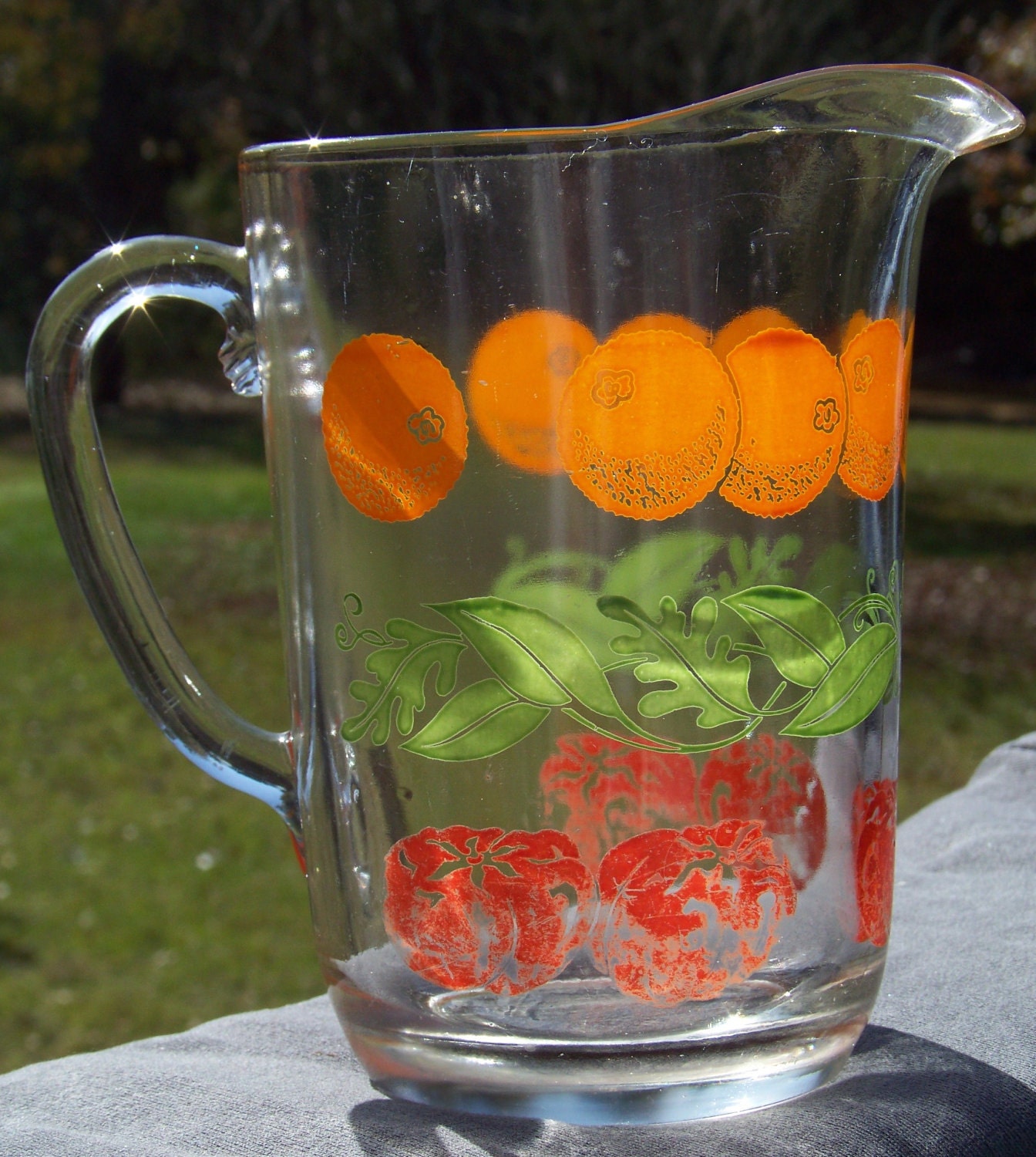 Vintage Mid Century Glass Juice Beverage Serving Pitcher with Fruit Design
