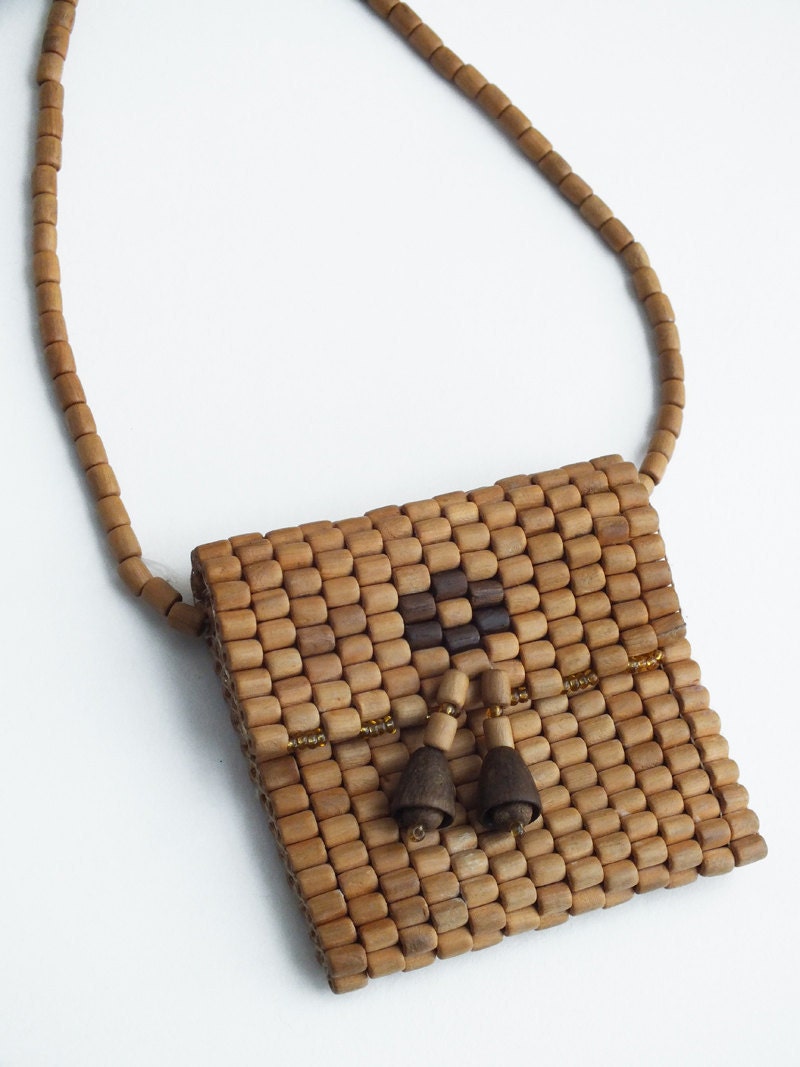 Vintage Small Brown Wood Beads Pouch Charm Pendant/Boho Chic Accessory