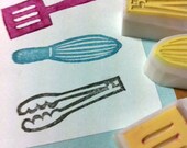 cooking rubber stamp set. hand carved rubber stamps - hand carved stamp - whisk, tong, turner, spoo - set of 4 - no3