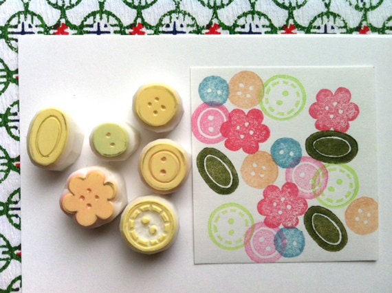buttons hand carved rubber stamp. hand carved stamps. sewing button stamps. set of 6. no4.