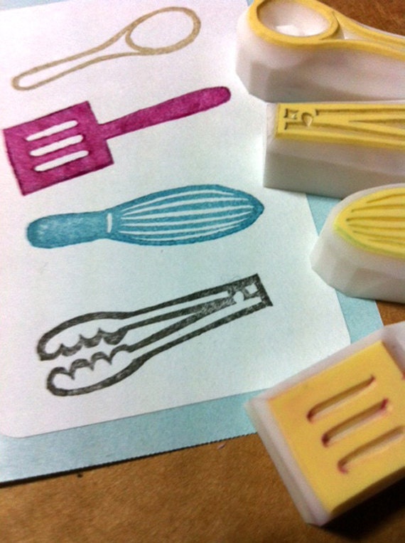 cooking rubber stamp set. hand carved rubber stamps - hand carved stamp - whisk, tong, turner, spoo - set of 4 - no3