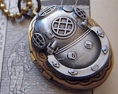 Steampunk Locket Necklace Diving Bell Helmet Mixed Metals Small Vintage Brass Oval Shape Pewter Tone Finish Nautical Mask