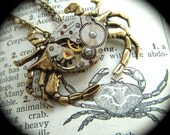 Steampunk Necklace Vintage Watch Movement Crab Nautical Sealife Popular Jewelry Rustic Gold Brass Metal Lightweight