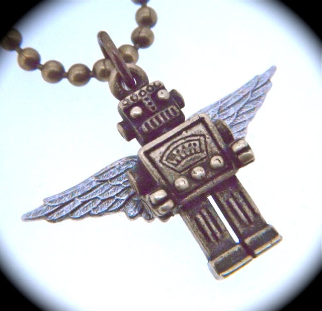 Flying Robot Steampunk Necklace Silver Wings Tiny Bronze Brass Miniature Toy Robot Style Art Deco Mixed Metals Made In USA
