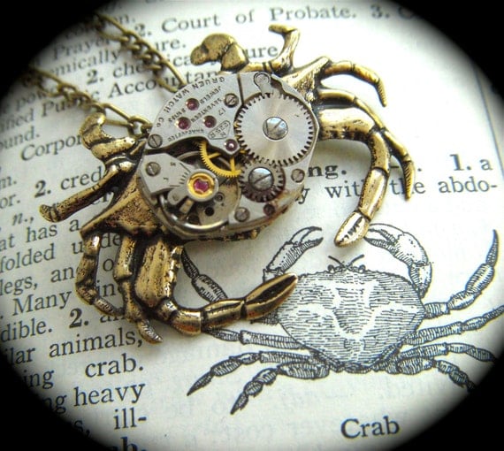 Steampunk Necklace Vintage Watch Movement Crab Nautical Sealife Popular Jewelry Rustic Gold Brass Metal Lightweight
