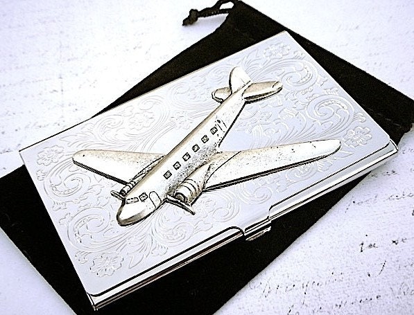 Silver Plated Business Card Case Propeller Airplane Card Case Pan Am DC3 Plane Vintage Style Classic Slim Thin Size Victorian Steampunk