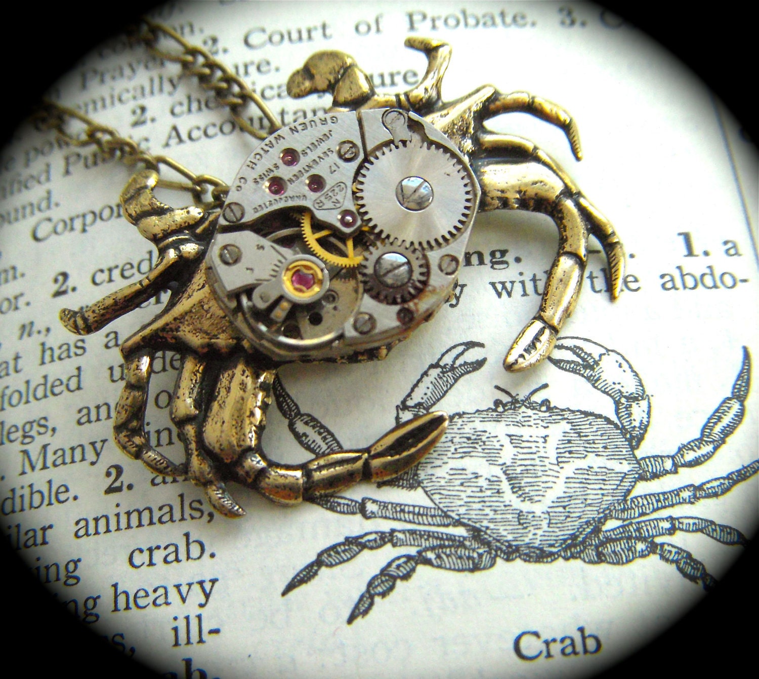 Steampunk Necklace Vintage Watch Movement Crab Nautical Sealife Popular Jewelry Rustic Gold Brass Metal Lightweight