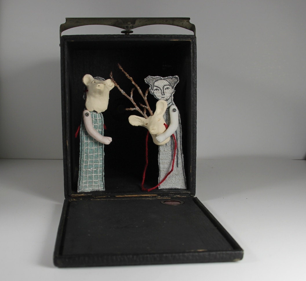 hand embroidery diorama- two girls with masks and a camera