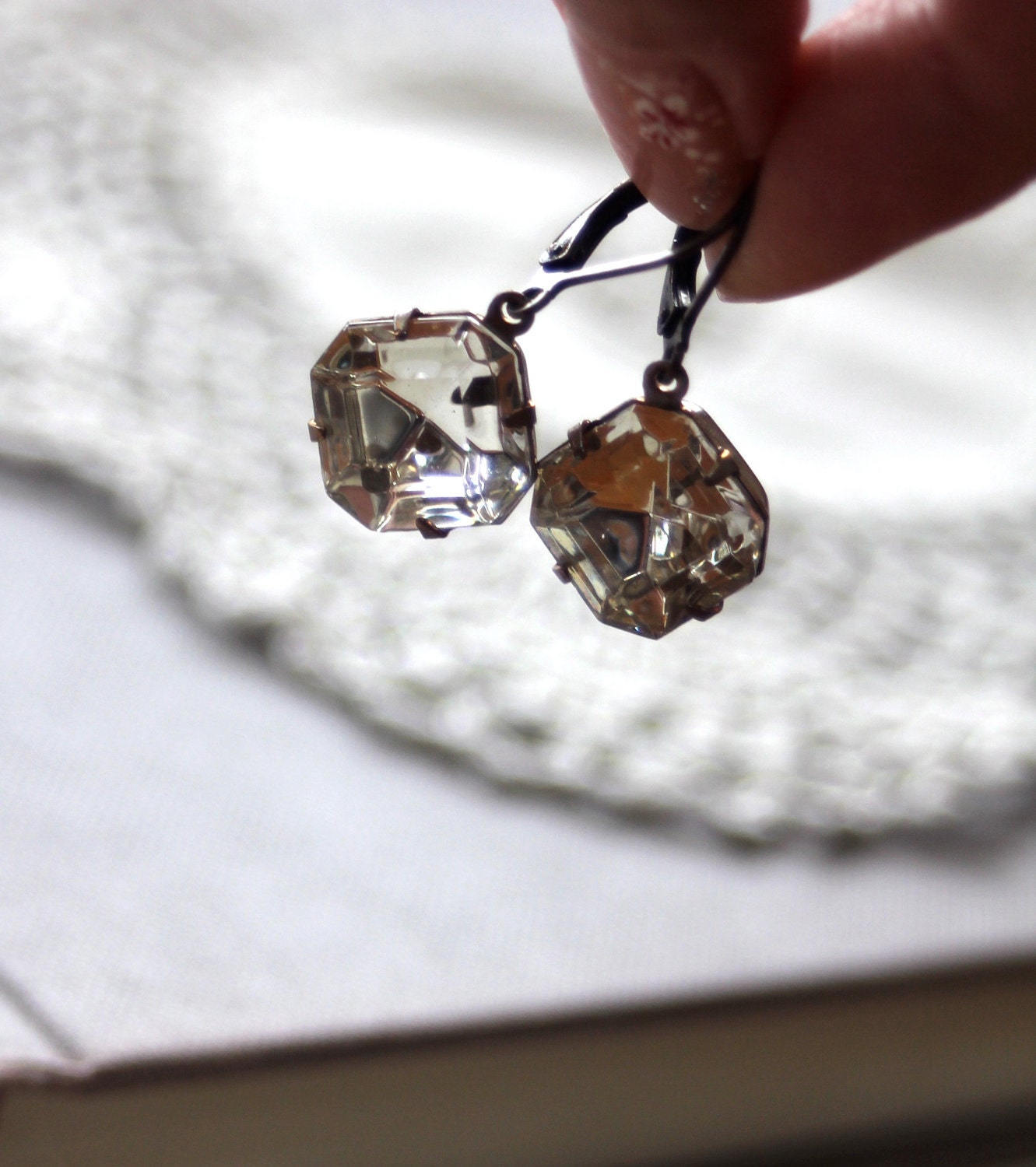 A Vintage Clear Glass Vintage Faceted Glass Jewel Dangle Earrings.  For Her.  Bridesmaid Earrings. Bridal Earrings. Romantic.