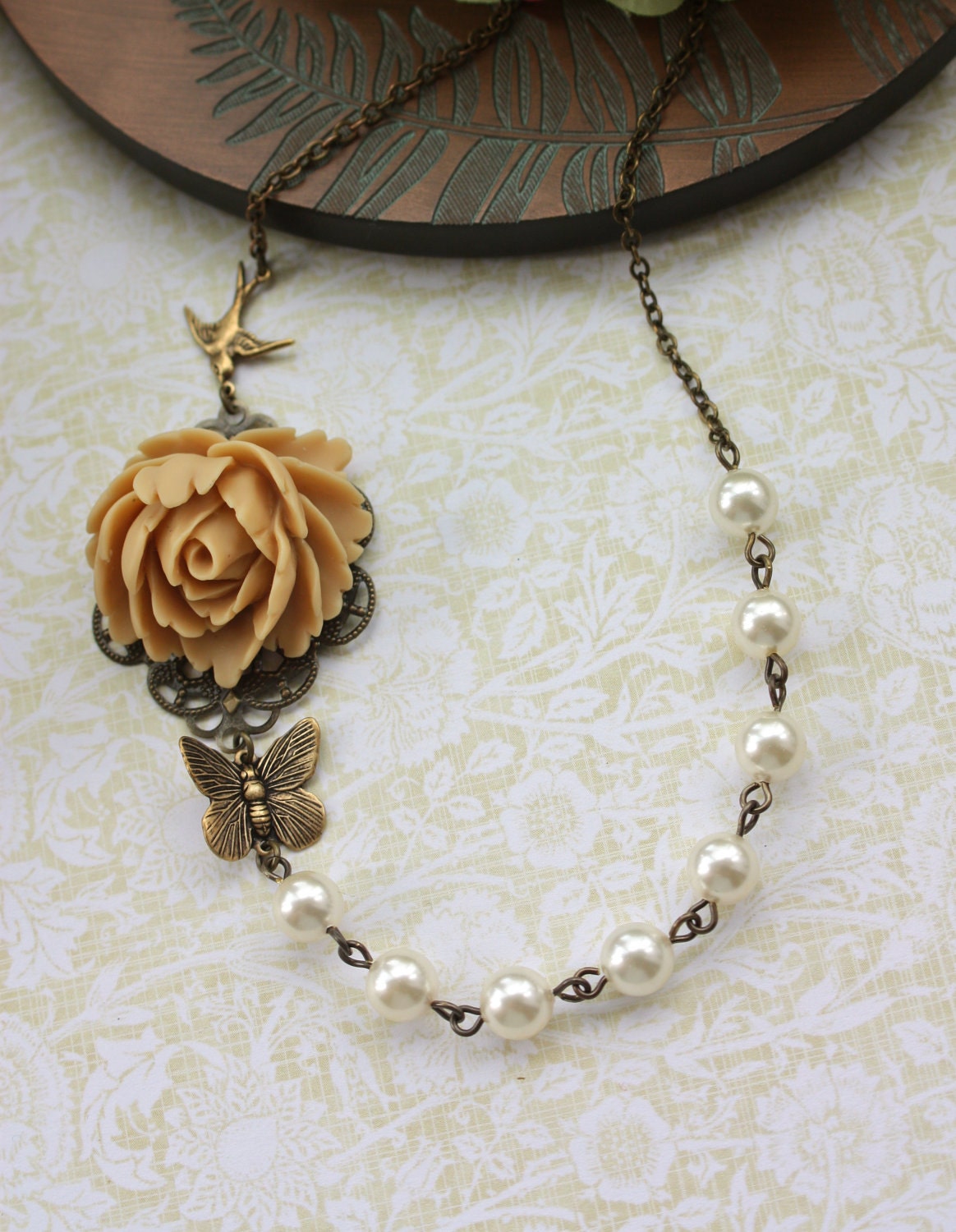 A Brown Rose Flower, Brass Butterfly, Swallow Bird, Ivory Pearls Necklace. Bridesmaid Gifts.  Statement Necklace. Nature Inspired. Fall.