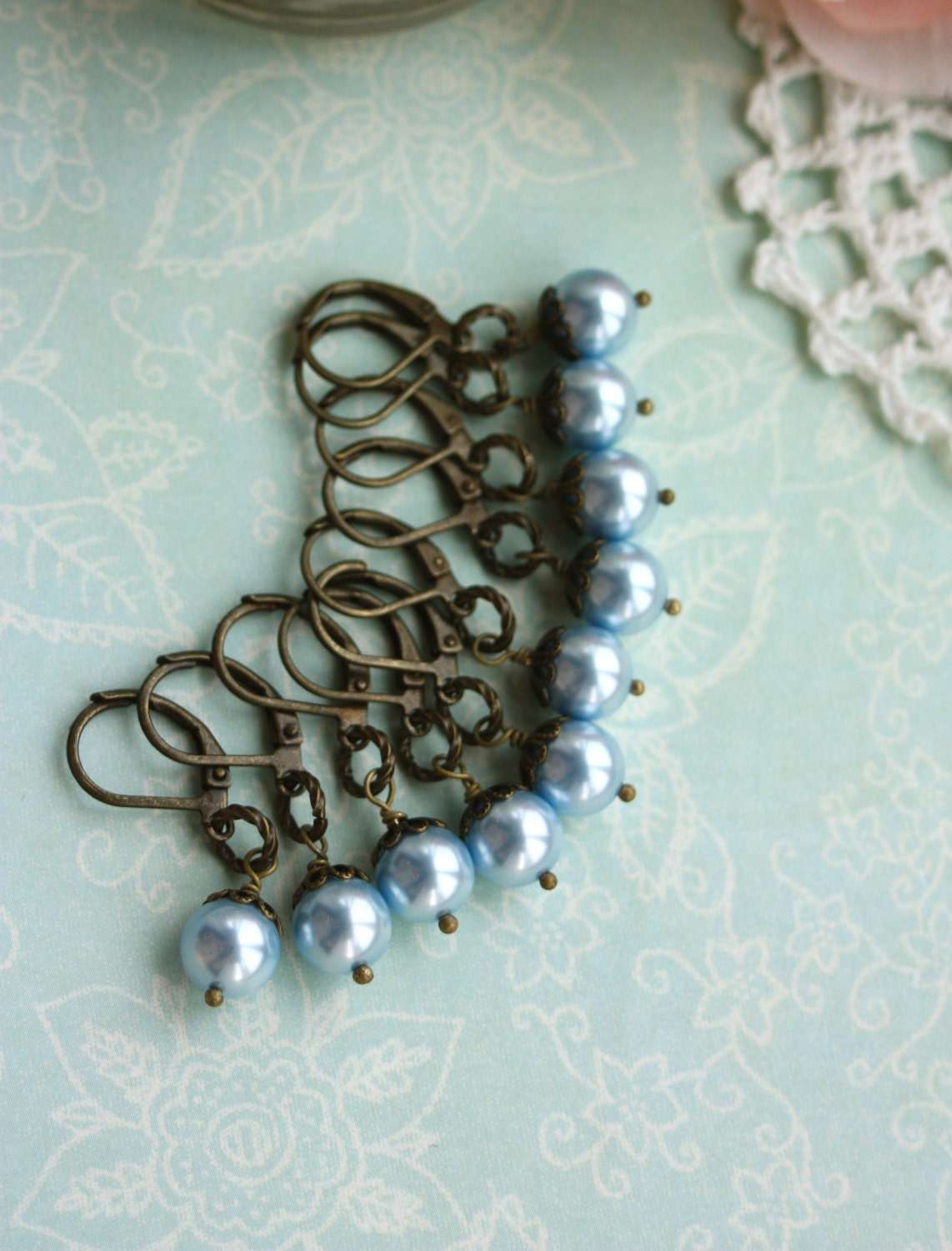 Set of Five (5) Pairs of Bridesmaid Earrings. Light Blue Swarovski Pearl Leverback Antique Brass  Earrings. Vintage Style. Bridesmaid Gift.