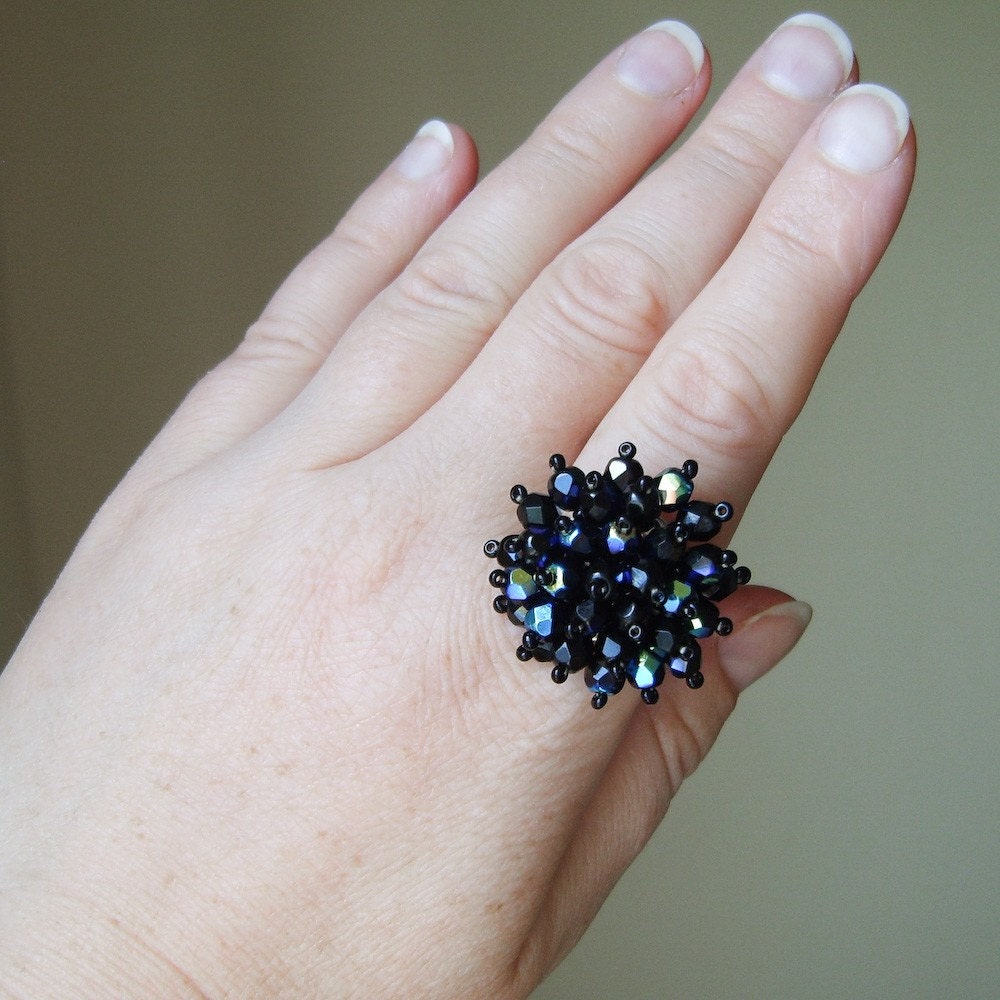 Beaded Gothic Cocktail Ring with Black Sparkling Glass Beads on Silver Plated Ring Base - Limited Edition