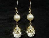 Gold Drop Earrings, Pearl Bridal Jewelry, Rhinestone Teardrop, Bridal Dangle Earrings, Gold Wedding Earrings -- DAPHNE