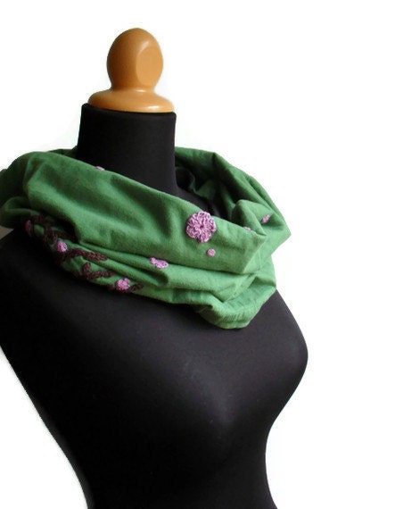 On Sale Tribute to Blossoms of Spring Cowl - Organic Cotton Hemp Hand embroidered crochet applique sakura cherry blossoms Ready to Ship