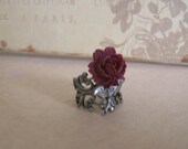 Gothic Maroon  Rose Filigree Stem Ring, antique silver botanical woodland floral garden rose ring with stem